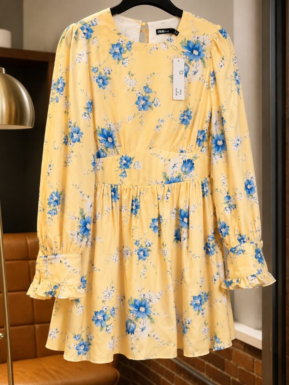 🌼 NWT INA Yellow & Blue Floral Ruffle Mini Dress – Size Medium - Picture 1 of 6